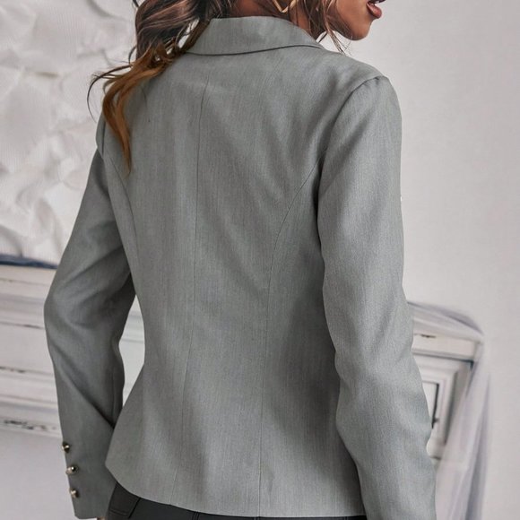 Grey Preppy Womens Lapel Neck Double Breasted Blazer - Picture 2 of 5